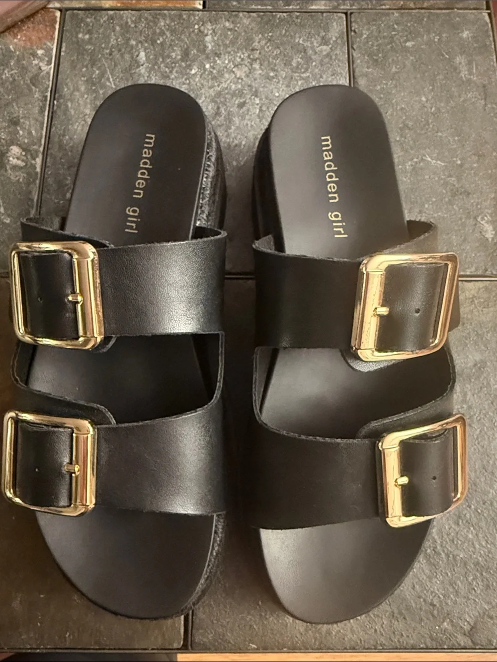 Madden Girl Black Platform Slide Sandals with Gold Buckles - size 9